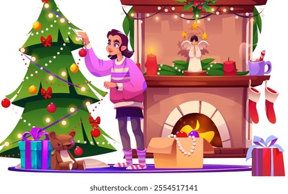 Woman decorate home Christmas tree near fireplace. Cozy living room indoor design with garland and fire place isolated Christmas apartment. Happy holiday scene with present, light and candle