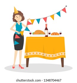 Woman decorate room for the birthday party. Preparing for the celebration. Table full of food. Isolated vector illustration in cartoon style