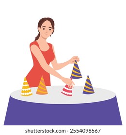 Woman decorate room for the birthday party. Preparing for the celebration. Flat vector illustration isolated on white background