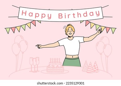 Woman decorated house with festive flags. balloons, set holiday table for birthday of her husband, child, family member. Girl celebrates her anniversary. Vector thin line colored illustration.