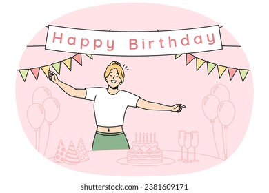 Woman decorated house with festive flags. balloons, set holiday table for birthday of her husband, child, family member. Girl celebrates her anniversary. Vector thin line colored illustration.