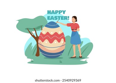 A woman decorates a large Easter egg while standing next to a tree. The scene is festive and colorful. Vector illustration