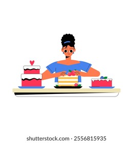 Woman Decorating A Cake In Flat Vector Illustration Symbolizing Baking, Pastry Art, And Celebration, Isolated On White Background