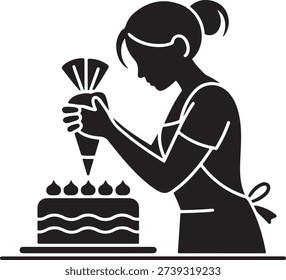 Woman decorating cake with icing baking
