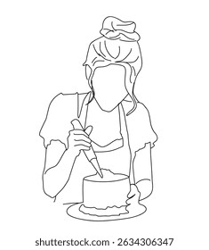 woman decorating cake line art