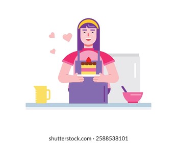 Woman decorating cake, making a bakery in the kitchen. Design character. Vector flat illustration