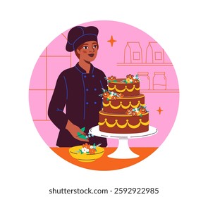 Woman decorating cake. Young girl make dessert and delicacy. Confectioner and baker, catering occupation. Pastry, bakery and confectionery. Flat vector illustration