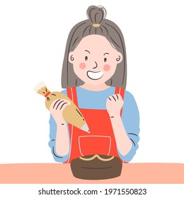 Woman decorating chocolate cake. Female chef making a cake at home. Homemade bakery. Food blogger. Girl making a present for special person. Homemade gifts. Cute cartoon character vector. 