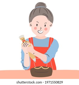 Woman decorating chocolate cake. Female chef making a cake at home. Homemade bakery. Food blogger. Girl making a present for special person. Homemade gifts. Cute cartoon character vector. 