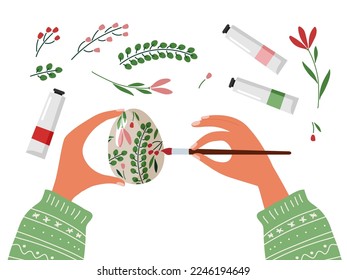 Woman decorating easter egg with paint brush. Easter celebration preparation. Flowers and paint tubes on table. Tradition of painting egg. Flat vector illustration. Creative Personality workplace