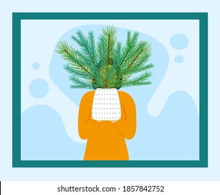 woman decorating for festive holidays, non traditional christmas tree creative diy hipster on a budget.
coniferous decor