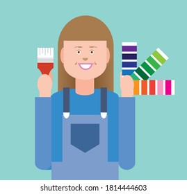 Woman Decorating And Painting Home Holding Paint Chips Or Swatches Of Color Options And Paint Brush