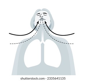 Woman deep breathing and silhouette of lungs in flat vector illustration.