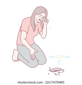 A woman is in deep distress and overwhelming sadness due to her broken phone, representing a loss of communication