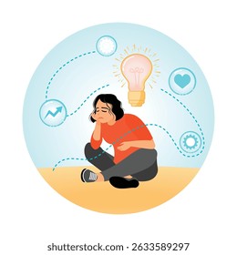 Woman deep in thought surrounded by various inspirational symbols representing imagination, ideas, innovation, and personal growth. Brain activity concept.