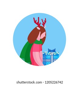 woman deer horns hold gift box happy new year merry christmas concept female face avatar profile cartoon character portrait isolated vector illustration