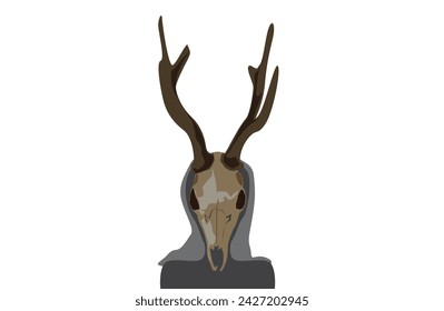 Woman with deer skull face and horns, isolated on white empty background.