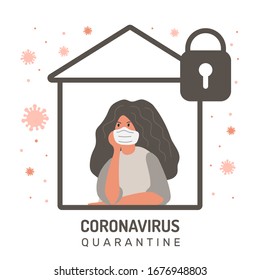 Woman defends from coronavirus, home insulation vector illustration