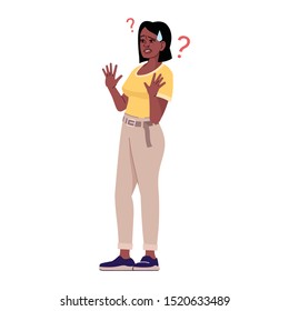 Woman with defensive gesture flat vector illustration. Protection against violence.Harassment. Scared, frightened and confused girl isolated cartoon character with outline elements on white background