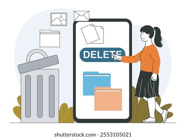 Woman delete file. Young girl near huge smartphone clears memory of documents. Storage management. Deleting spam messages. Linear vector illustration isolated on white background