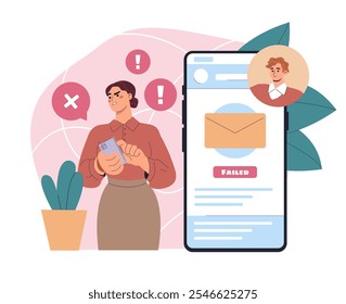 Woman delete message. Young girl delete message in social networks and messengers. Blocked user. Trash in mail. Memory at smartphone. Flat vector illustration isolated on white background
