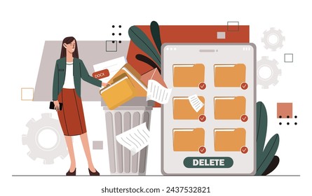 Woman deleting data concept. Young girl with folder of documents near trashcan. Clear of space at smartphone of computer. Delete information from storage. Cartoon flat vector illustration