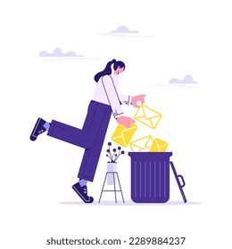 Woman deleting data and move unnecessary files to trash bin. Cleaning digital memory, cleaning e-mail, remove spam. Girl holding envelope with letter or message. User deleting email to waste bin