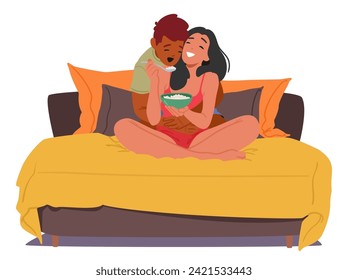 La Mujer Alimenta Delicadamente Al Hombre En Un Acogedor Abrazo De Amor. Los Personajes Disfrutan Del Ritual De La Mañana En Su Refugio Íntimo, Ahorrando Momentos De Conexión Sobre El Desayuno Compartido En La Cama. Ilustración del vector de dibujos animados