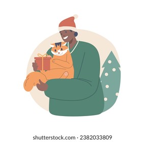 Woman Delicately Offers A Carefully Wrapped Christmas Gift To Her Feline Companion, Excited To See The Curiosity