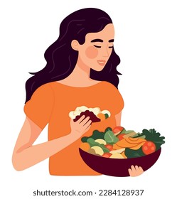 woman with a delicious vegetarian salad over white