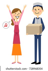 A woman delighted with arrival of luggage