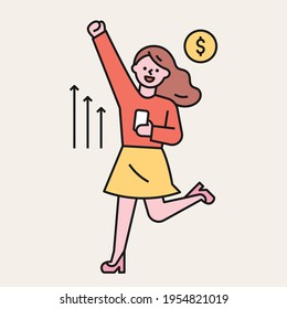 A woman is delighted with the stocks going up. flat design style minimal vector illustration.