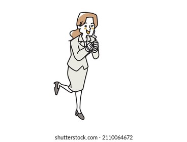 A woman in a delighted suit looking down from above, making a fist and rejoicing in good luck, a warm handwritten illustration of a person