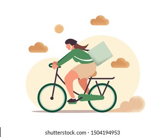 Woman delivering food or package on bicycle