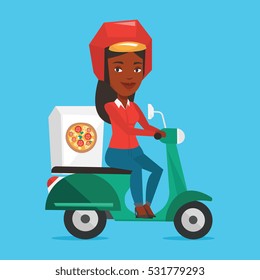 Woman delivering pizza on scooter. Courier driving a motorbike and delivering pizza. Worker of delivery service of pizza. Concept of food delivery. Vector flat design illustration. Square layout.