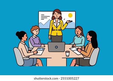 Woman delivers a business presentation to an engaged audience of professionals in a conference setting flat vector illustration