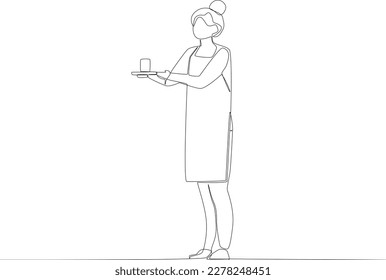 A woman delivers coffee. Coffee shop activity one line drawing