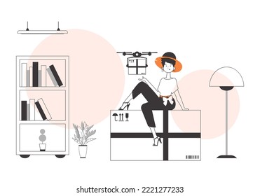 A woman delivers a package with a drone. Air delivery concept. Minimalistic linear style.