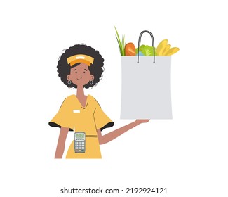 A woman delivers a package of products. Delivery concept. Isolated. Trendy flat style. Vector.