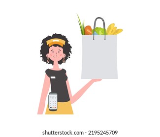 A woman delivers a package of products. Home delivery concept. Isolated. Cartoon style. Vector.