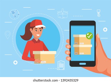 woman delivery with box and hand with smartphone package service