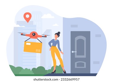 Woman with delivery service concept. Drone with box near woman. Online shopping and electronic commerce. Transportation and logistics. Express home delivery. Cartoon flat vector illustration