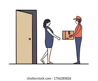 Woman and deliveryman with door to door parcel delivery  