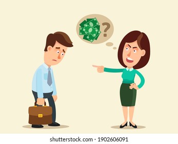 A woman demanding money from a man. Financial violence against men. Family conflict over money. Vector illustration, flat design, cartoon style, isolated background.