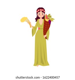 Woman or Demeter Greek Goddess stands holding cornucopia and wheat cartoon style, vector illustration isolated on white background. Ceres mythological queen of harvest with horn of plenty