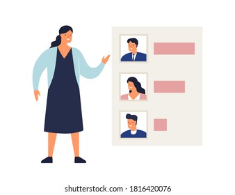 Woman demonstrate results of voting or rating candidates vector flat illustration. Female showing analysis graph of politicians or poll of electors isolated. Evaluation, ranking or statistics