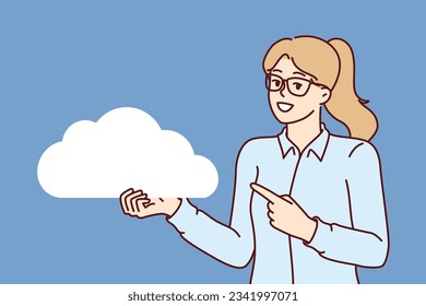 Woman demonstrates cloud symbolizing internet technology and virtual servers for storing and processing data. Positive businesswoman recommends using cloud storage and developing IT