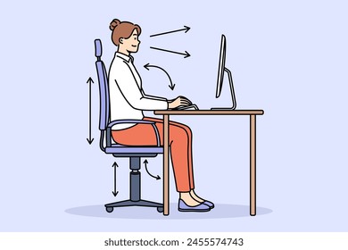 Woman demonstrates correct posture for working with computer, sitting with straight back at table with monitor. Girl follows rules of posture, typing on PC using ergonomic adjustable chair.