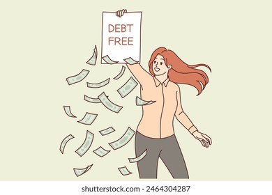 Woman demonstrates debt free inscription on contract, rejoicing at fulfillment of lender obligations and full repayment of loan. Girl lawyer suggests starting bankruptcy proceedings to get rid of debt