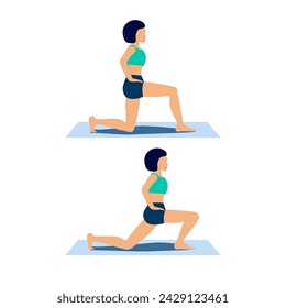 Woman demonstrates hip flexor stretching exercise in lunge position. Lean forward from half-kneeling position. Iliopsoas muscle strain training for lordosis. Flat character scene for mobile, app, web